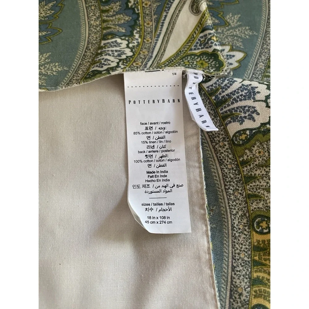 Pottery Barn Tablecloth And Table Runner Cream Green Paisley Cotton Provence